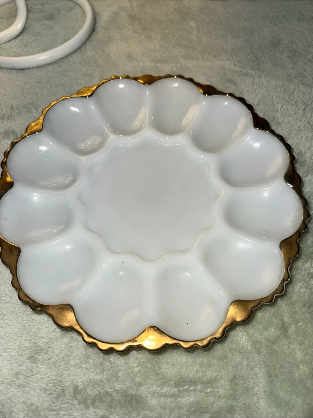 Beautiful White Milk Glass and Gold Edged Scalloped Deviled  Egg Tray Platter.